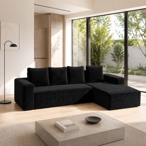 Canapé d'angle modulable noir en velours côtelé, chaise réversible, sans assemblage (1/5)