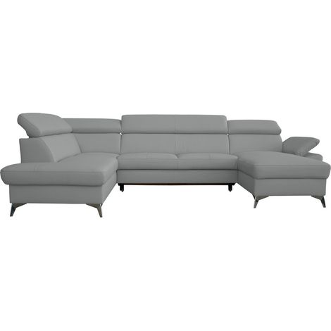 Canapé d'angle convertible en cuir italien de luxe 7/8 places WARINI avec coffre, gris clair, angle gauche (1/4)