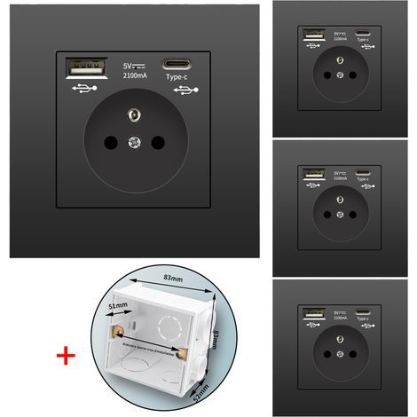 Wandsteckdose mit USB und Typ-C, 4er-Pack, 5 V 2,1 A, EU-Standard, Unterputz-USB-Steckdose, Steckdosenleiste mit Montagebox, 110–250 V (schwarz) (1/5)