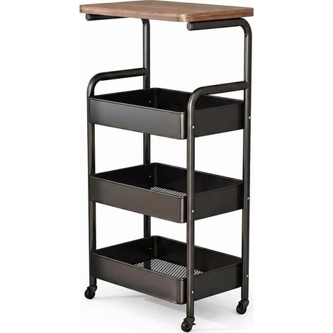 Chariot roulant multifonction 4 niveaux - 43x30x100 cm - Noir - Métal solide - Plateau en bois (1/5)