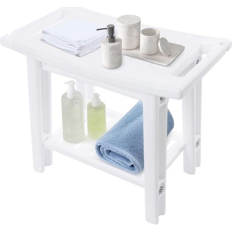 Tabouret de salle de bain, banc de douche avec étagère, siège de douche supportant jusqu'à 70 kg, banc imperméable pour la maison et la salle de bain, 56 x 32 x 46 cm, blanc (1/5)