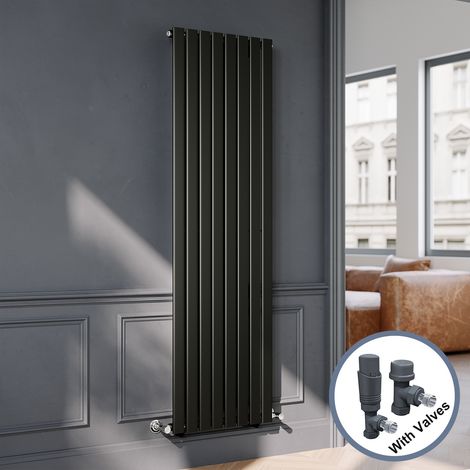 ELEGANT Black Flat Panel Central Heating Radiator with Anthracite Angled Thermostatic Radiator Valves 1800 x 544mm Vertical Single Panel Rads (1/5)