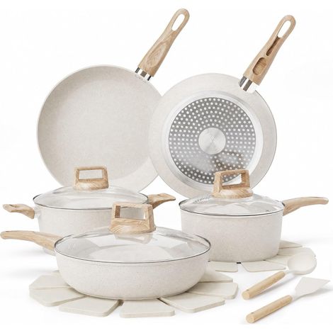 Batterie de cuisine 14 pièces céramique antiadhésive compatible induction, blanc, poêles, casseroles et ustensiles (1/5)