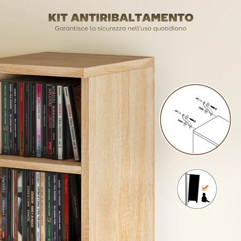 Lot 2 étagères à CD en bois avec tablettes réglables pour 204 disques, 21x22.5x88.5 cm, finition chêne