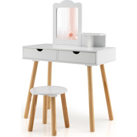 2-in-1 Kids Vanity Set Children Wooden Dressing Table & Stool w/ Mirror (1/5)