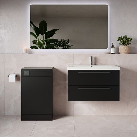 Napoli 390 Matt Black 1300mm Wall Mounted 2 Drawer Vanity Unit and Toilet Suite with Glide Basin - 1300mm - Gunmetal Grey 480mm HandleWithout Kingston Toilet Pan