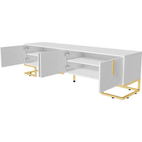 Weiße TV-Bank mit 4 strukturierten Türen, Griffen und goldenen Füßen 170x40x45,5 cm MODENUIT (1/5)