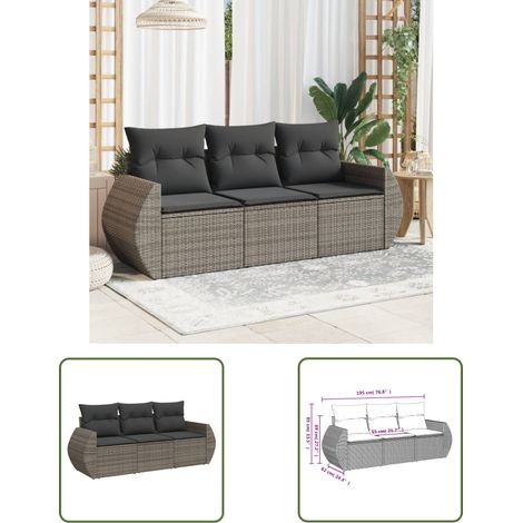The Living Store Salon de jardin avec coussins 3 pcs gris résine tressée - Salon De Jardin - Mobilier De Jardin - Salon Extérieur - Set De Canapés - Canape Pliable (1/3)