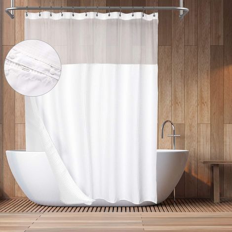 Rideau de Douche en Coton de Style hôtel avec Doublure en Tissu à Clipser, 190,5 cm de Long, Dessus de fenêtre en Maille, Tissu en mélange de Coton gaufré nid d'abeille, Lavable, Blanc (1/5)