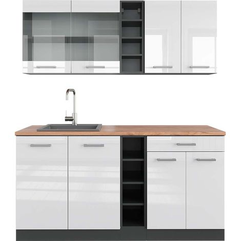 Cucina completa R-Line, Bianco lucido/antracite, 160 cm , PL Rovere, Vicco