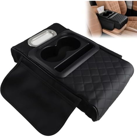 Coussin d'accoudoir de voiture pour console centrale de voiture, avec porte-gobelet, fente de rangement pour téléphone portable, poche à mouchoirs et poche de rangement latérale, facile à installer (1/5)