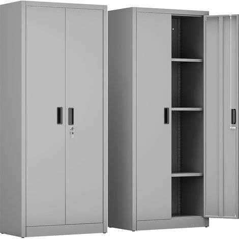 Armoire de rangement en métal avec 2 portes et 3 étagères réglables, armoire de rangement verrouillable, 170 cm, garage, maison, bureau, assemblage facile nécessaire (gris) (1/5)