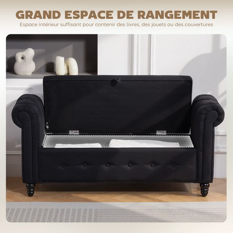 Banc banquette coffre 2-en-1 lin pieds bois 146,5x49x72 cm noir (1/5)