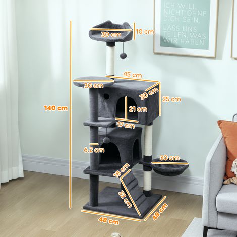 Arbre à chat de 140 cm de haut avec deux maisons, un lit et un hamac (pour 2-3 chats), housse en peluche incluse, gris. (1/5)