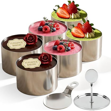 8 Pcs 8cm Pastry Circles, 6 Dessert Circles with Pusher and Serving Shovel, Stainless Steel Mousse Moulds, for Desserts, Cheesecakes, Cakes and Desserts (1/5)