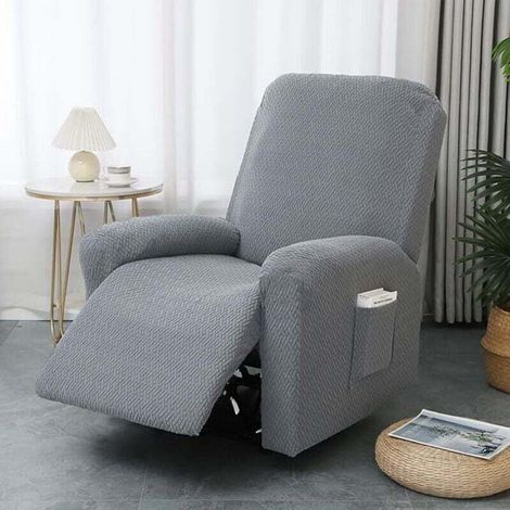 Housse de Fauteuil Relax Inclinable Electrique, Jacquard Gris Foncé Housse pour Canapé Relax, Élastique Housse de Fauteuil Extensible 4 Pièces avec Poches