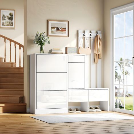 7-in-1SchuhschrankmitSitzbank&Kleiderhaken,160x35x160cmHochglänzenderFlurschrank,MehrzweckEingangsschrankmitKlappschuhfächern,Schubladen&Stauraum,WeißerGarderobenschrankfürEingangsbereich (1/5)