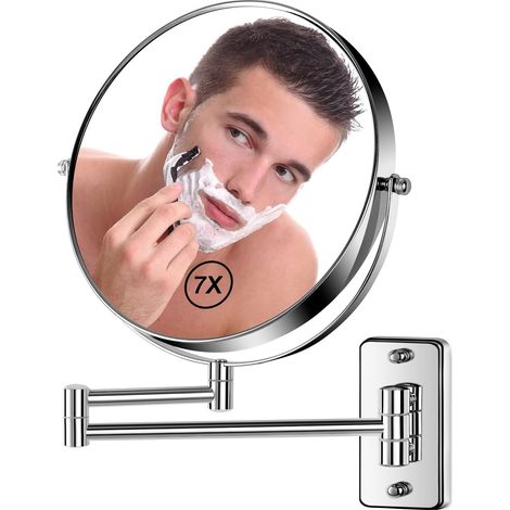 Miroir de Rasage Mural de 20,3 cm pour Salle de Bain, Miroir grossissant 1X/7X, Bras oscillant, Miroir de Maquillage Double Face pivotant à 360° pour Homme et Femme à l'hôtel/Maison, chromé (1/5)