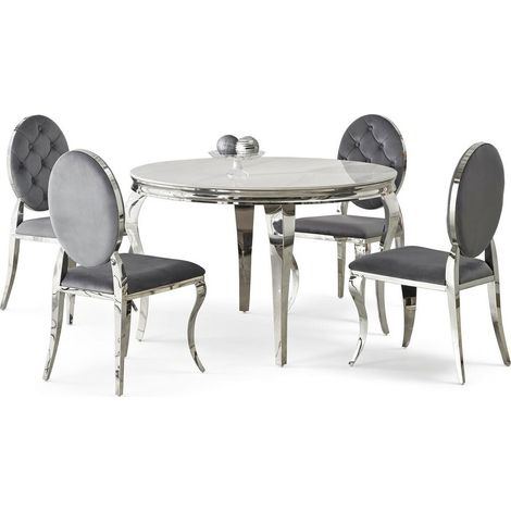 Conjunto de mesas y sillas para comedor Houston 1828, Mármol blanco + Gris, 76x0x0cm, Diámetro: 120, Número de asientos: 4, Estilo: Clásicomoderno (1/5)