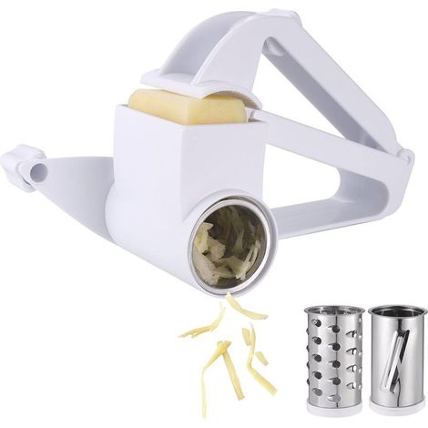 Rotierende Käsereibe, Parmesanreibe mit 3 verschiedenen Trommelmessern, Obst-/Käseschneider, mechanische Küchenreibe, Handreibe aus Edelstahl für Käse, Obst und Gemüse (1/5)