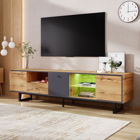 Meuble TV LED 190x40x50cm avec 1 tiroir et 3 portes, adapté aux téléviseurs 80 pouces, aggloméré, naturel (1/5)