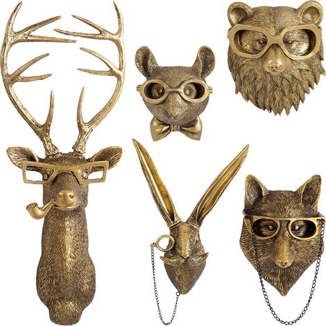 Décoration murale en forme de têtes d'animaux, support en forme de tête de cerf, décoration murale en résine à suspendre pour salon, chambre à coucher, cuisine, cadeau, 5 pièces (1/5)