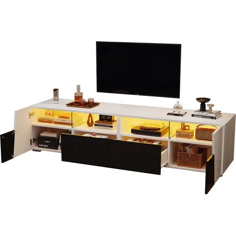 Meuble tv 180x40,10x50, 2 tiroirs 2 portes niches meuble tv contemporain, finition laquée bicolore, éclairage led intégré (1/5)