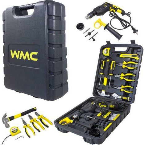 WMC TOOLS Set d'outils professionnels de 59 pièces avec perceuse électrique, pince, pince multiprise, clé à molette, marteau de clous de