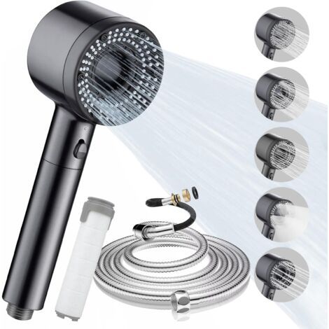 Pommeau de Douche, Pommeau Douche Haute Pression avec Tuyau 2M, 5 Modes Réglables Douchette Douche Salle de Bain, Anti Calcaire Pomme Douche Economie D'eau avec Filtre & Bouton Pause, Gris (1/5)