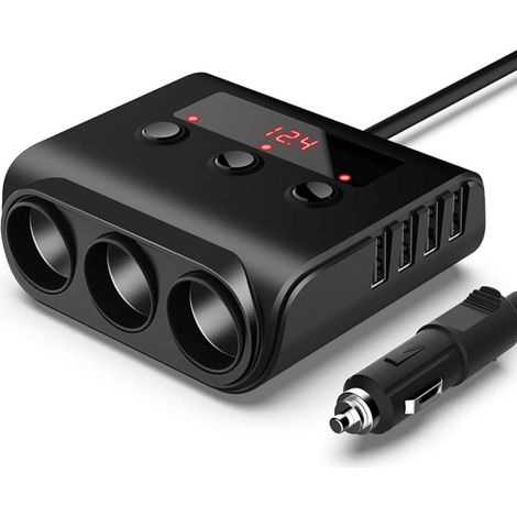 1 Adaptateur allume-cigare, 3 prises 12V/24V, 4 ports USB, fusible 7A, voltmètre LED, pour véhicule (1/5)