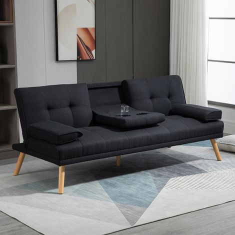 Canapé convertible 3 plazas de poliéster gris 181x77x78 cm con respaldo reclinable y mesa abatible