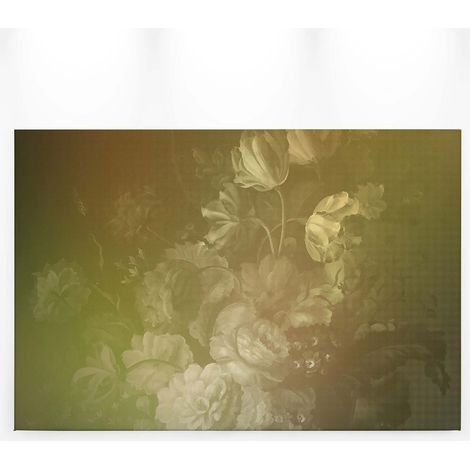 Tableau vintage à fleurs jaune vert & gris | Tableau fleuri pour cuisine | Tableau sur toile idéal chambre adulte & bureau 0,9 x 0,6 m (1/5)