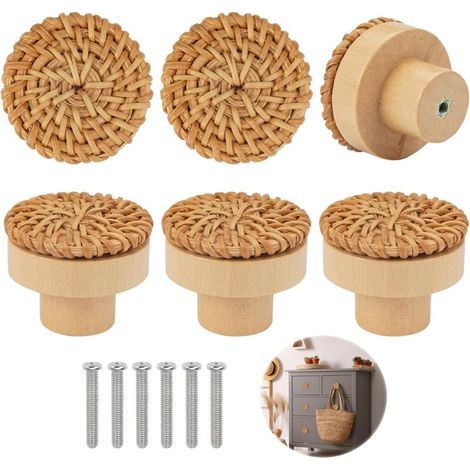 6 Pièces Boutons de Meuble en Rotin Bois, Poignée Meuble Bois, Bouton de Tiroir, Boutons de Portes pour Placards, Boutons de Meuble Rond en Bois, Bouton de Meuble Bois pour Chambre Cuisine Bur