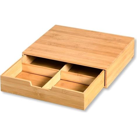 Boîte de rangement en bambou à tiroir 4 compartiments, beige, dimensions 34 x 31 x 8 cm, pour rangement maison et bureau (1/3)