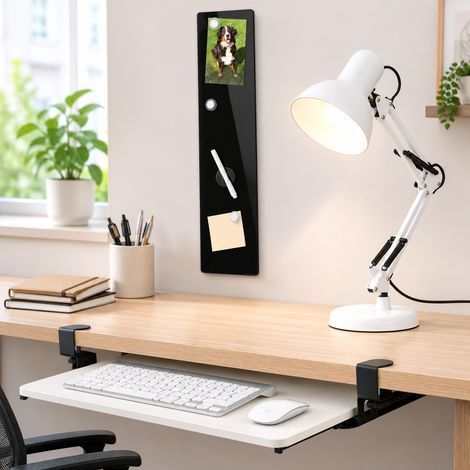 Conjunto de oficina en casa de estilo industrial (3 piezas): lámpara de metal retro, bandeja para teclado y pizarra de cristal negro. (1/5)