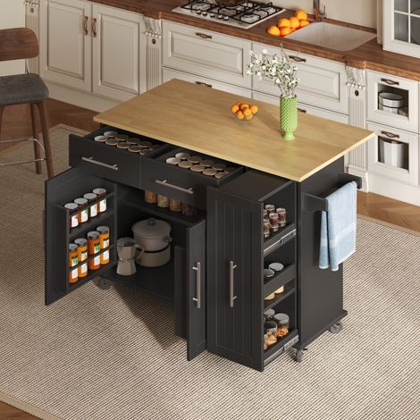 Isla de cocina 120x40(65)x90 cm, con tablero abatible, organizador extraíble de 3 niveles, MDF, negro y natural (1/5)