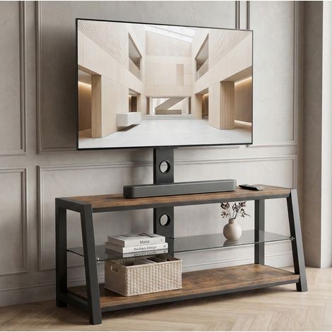 Mobile TV in MDF e metallo marrone con ripiani in vetro temperato nero, supporto orientabile e regolabile in altezza 116x42x125 cm