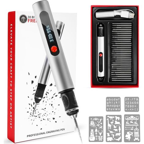 Mini stylo de Gravure électrique Graveur Stylo Électrique San Fil Mini Outil Graver Trousse à Outils De Gravure Pour Bijoux Verre Plastique Bois Métal avec 30 Embouts et 5 Modèles de Gravure (1/5)