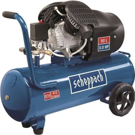 Scheppach – Compresseur d'air horizontal double cylindres 50L – 2200W – 10 bars – Débit 412 l/min – Moteur 3 CV pour chantiers humides (1/2)