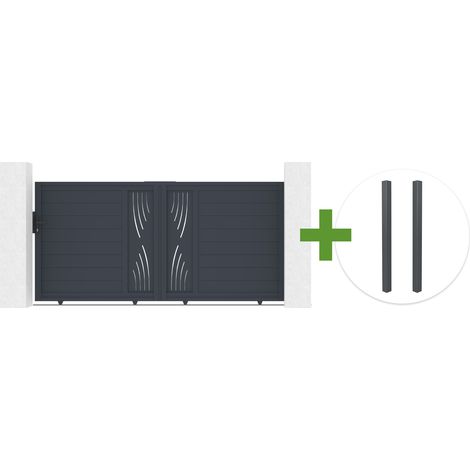 VELETA Schiebetor, 3 m breit, 140 cm hoch, graues Aluminium + 2 graue Aluminiumpfosten