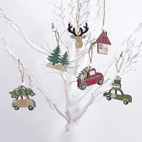 Décorations de Noël en bois représentant un camion rouge, à suspendre, pour 6 pièces. (1/5)