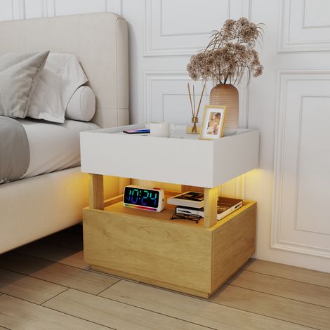 Table de chevet 50x40x50 cm en bois blanc et naturel, avec rangement, salon FloraGrace (1/5)