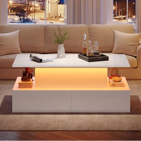 Mesa de centro de aglomerado blanco brillo con LED, tablero extraíble y 4 cajones, 90x55x41 cm (1/5)