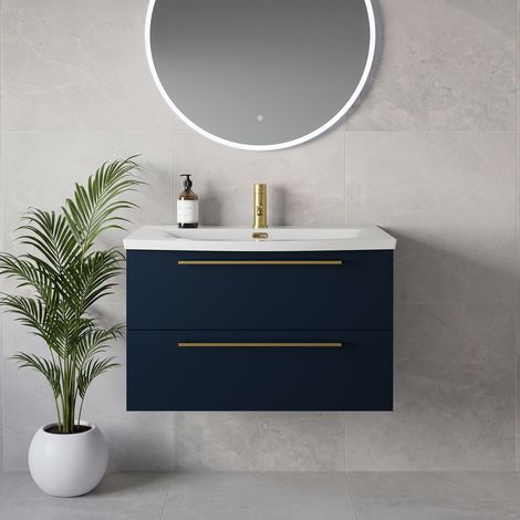Napoli 390 Deep Blue 800mm Wall Mounted 2 Drawer Vanity Unit with Arc Basin - 800mm - Brushed Brass 480mm Handle