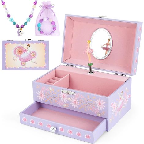 boîte à bijoux musicaux avec tiroir collier bracelet, boîte de réception de bijoux musicaux avec Ballet rotatif ensemble cadeau pour les enfants pour les filles d'enfants (1/5)