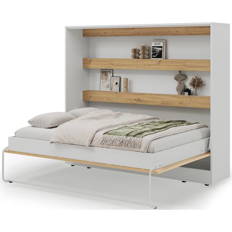 Lit escamotable horizontal DIVO – Armoire lit 2 places avec étagères de rangement intégrées-Chêne clair-160x200 (1/5)
