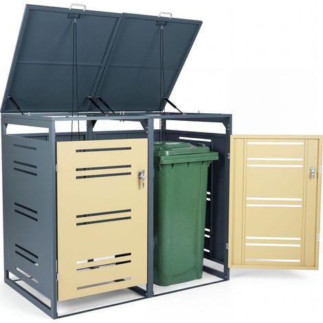 Abri de poubelles jaune en métal pour 2 bacs avec couvercles à vérins et poignée verrouillable pour jardin, garage et terrasse (1/5)