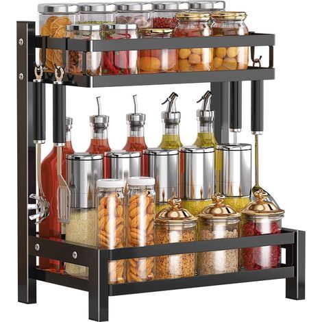 Estante para especias de 2 niveles, inoxidable, de acero macizo, dimensiones 32x20x40cm, almacenamiento eficiente con ganchos para la cocina. (1/5)