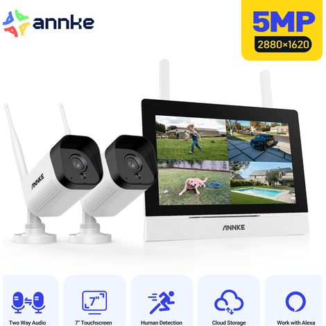 ANNKE Kit di sorveglianza wireless con schermo LCD da 7", 2 telecamere di sicurezza esterne WiFi 5MP, NVR 4CH 5MP touch screen IPS, visione notturna, audio bidirezionale, rilevamento umano (1/5)