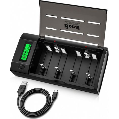 Chargeur Piles Rechargeable Universel pour AA/AAA/C/D (NiMH) et 9V(NiMH, Lithium), LCD, Fonction Décharge, Charge Rapide, USB-C (1/5)